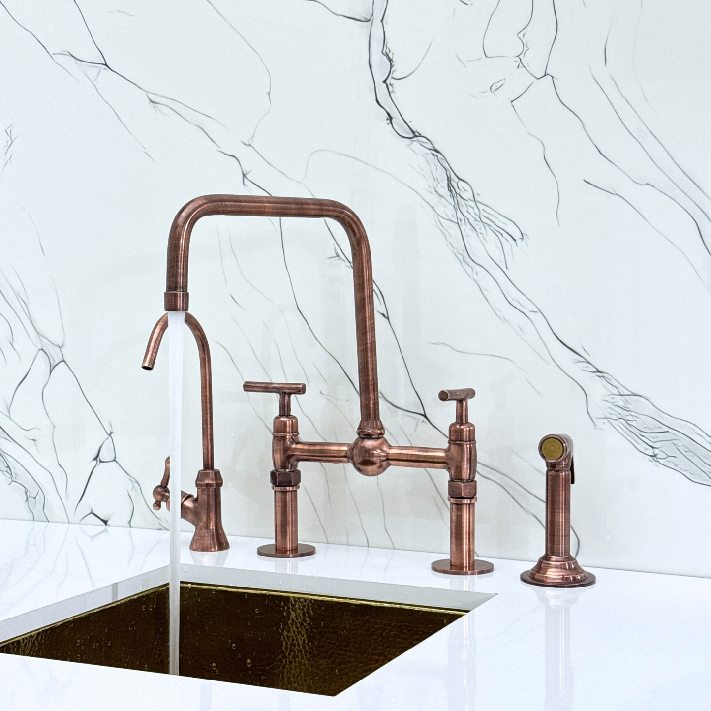 Antique Copper Classic Bridge Faucet with Ball Center, Straight Legs, Sprayer, Cold Water Faucet and Lever Handles