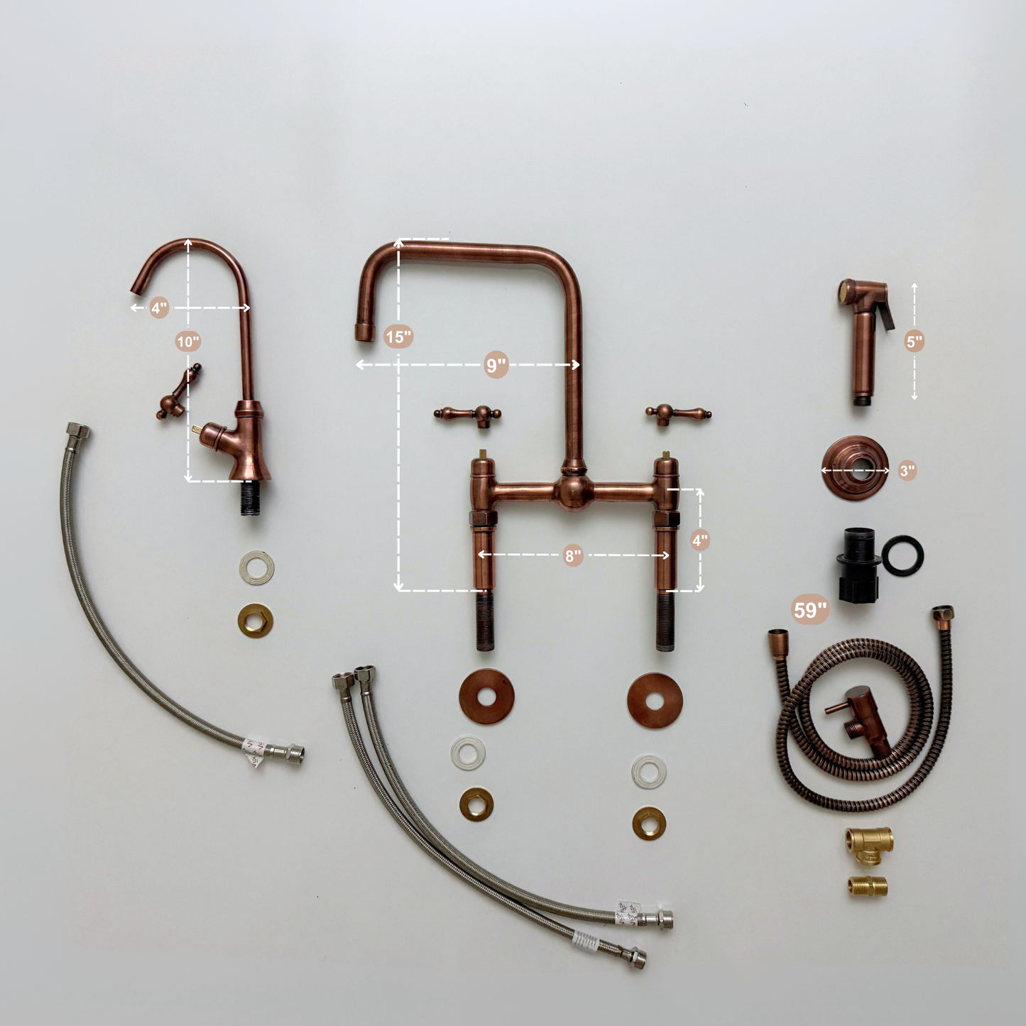 Antique Copper Classic Bridge Faucet with Ball Center, Straight Legs, Sprayer, Cold Water Faucet and Lever Handles