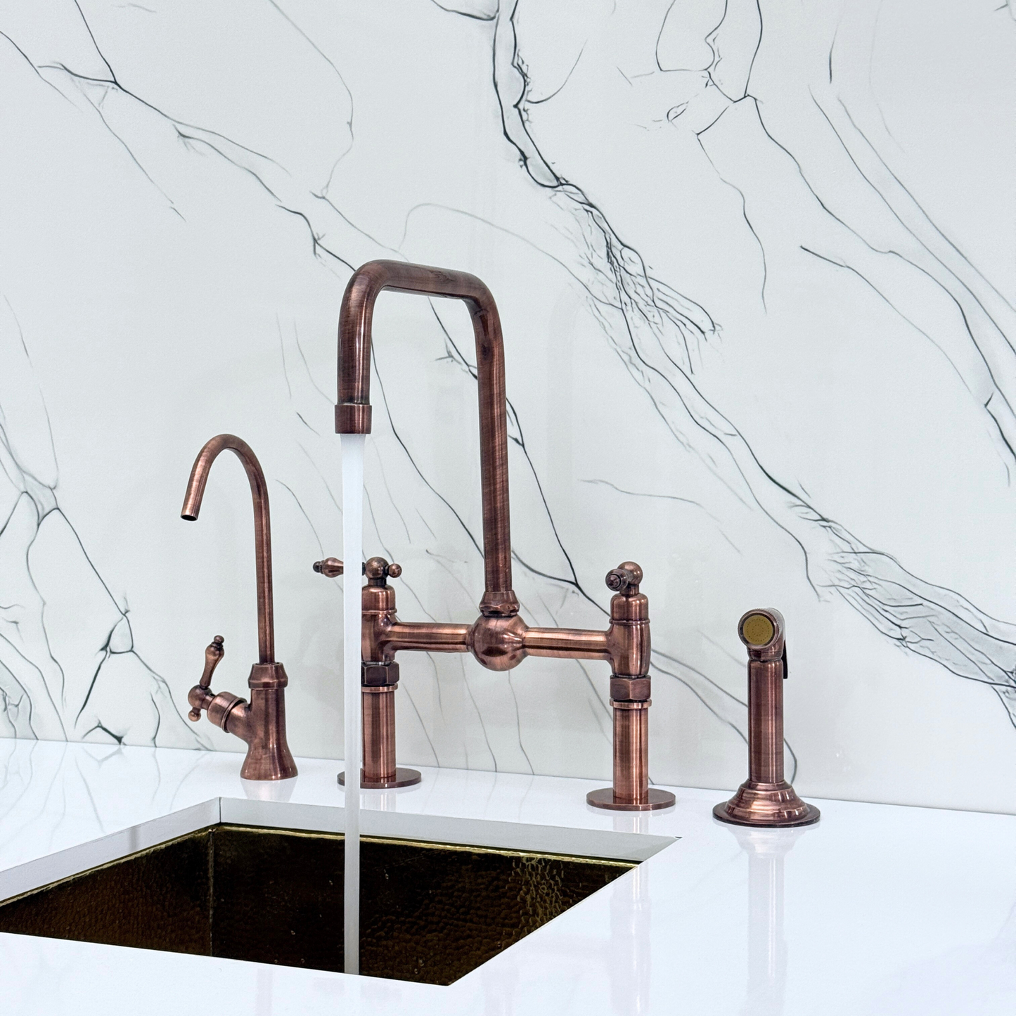 Antique Copper Classic Bridge Faucet with Ball Center, Straight Legs, Sprayer, Cold Water Faucet and Lever Handles