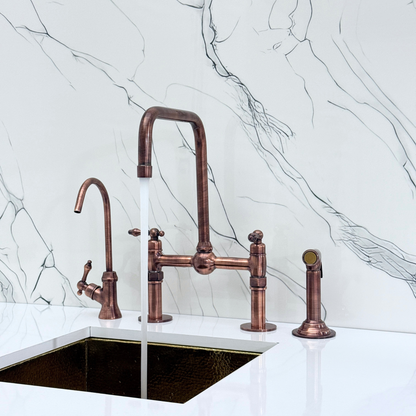 Antique Copper Classic Bridge Faucet with Ball Center, Straight Legs, Sprayer, Cold Water Faucet and Lever Handles