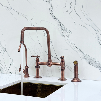 Antique Copper Classic Bridge Faucet with Ball Center, Straight Legs, Sprayer, Cold Water Faucet and Lever Handles