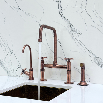 Antique Copper Classic Bridge Faucet with Sprayer, Cold Water Faucet and Cross Handles
