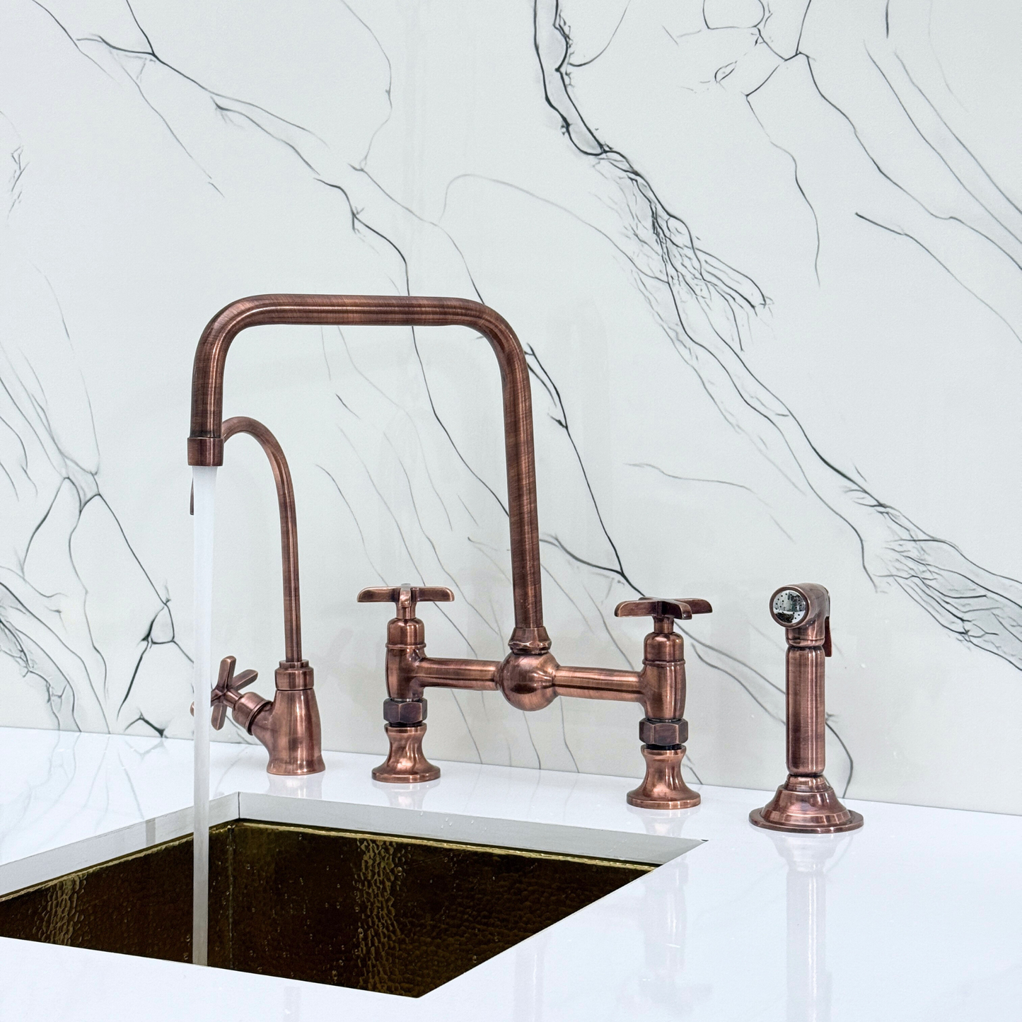 Antique Copper Classic Bridge Faucet with Ball Center, Sprayer, Cold Water Faucet and Cross Handles