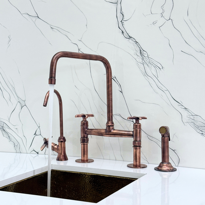 Antique Copper Classic Bridge Faucet with Sprayer, Cold Water Faucet and Cross Handles