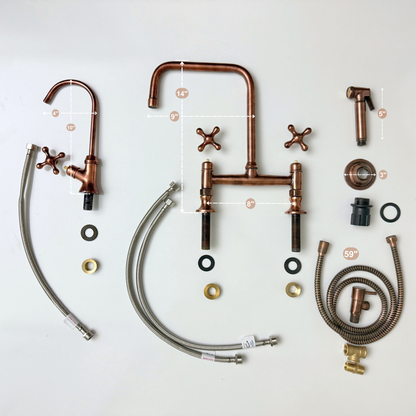 Antique Copper Classic Kitchen Bridge Faucet with Sprayer, Cold Water Faucet and Cross Handles