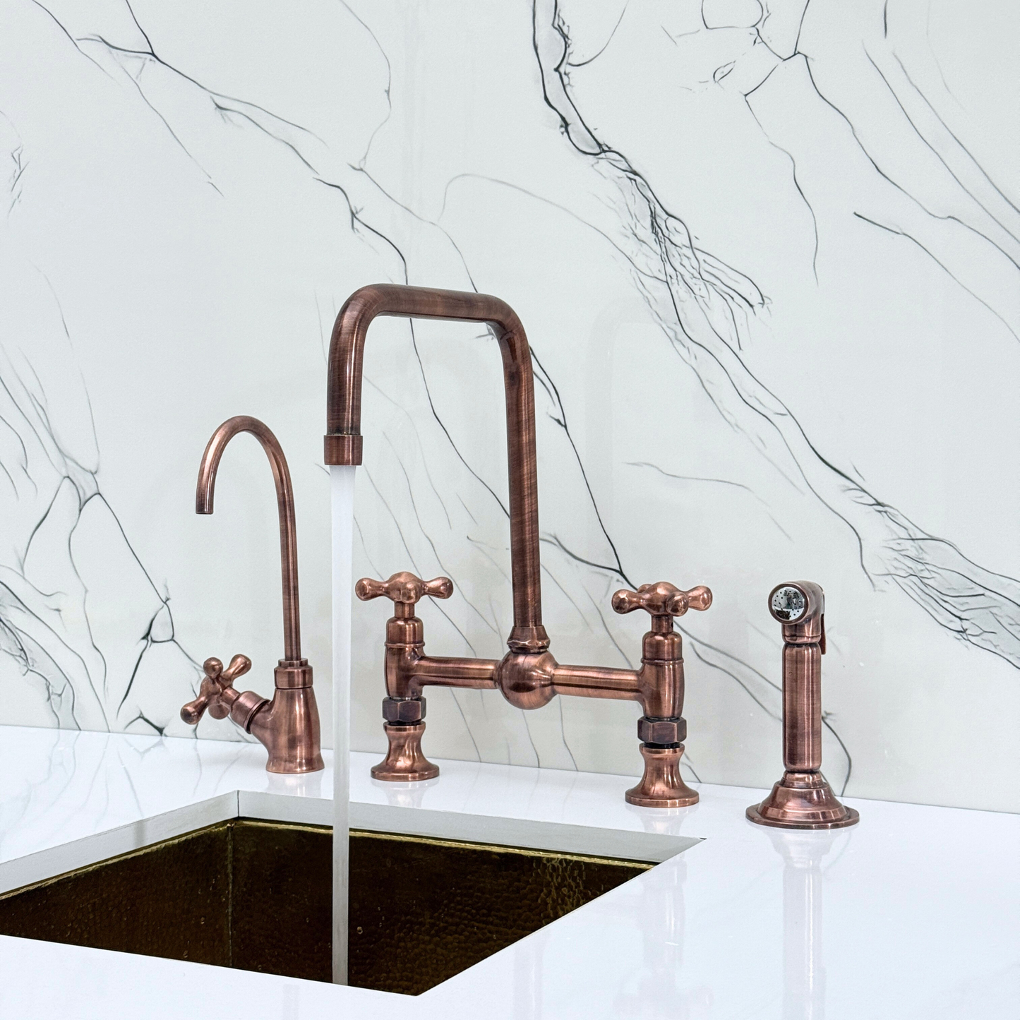 Antique Copper Classic Bridge Faucet with Ball Center, Sprayer, Cold Water Faucet and Cross Handles