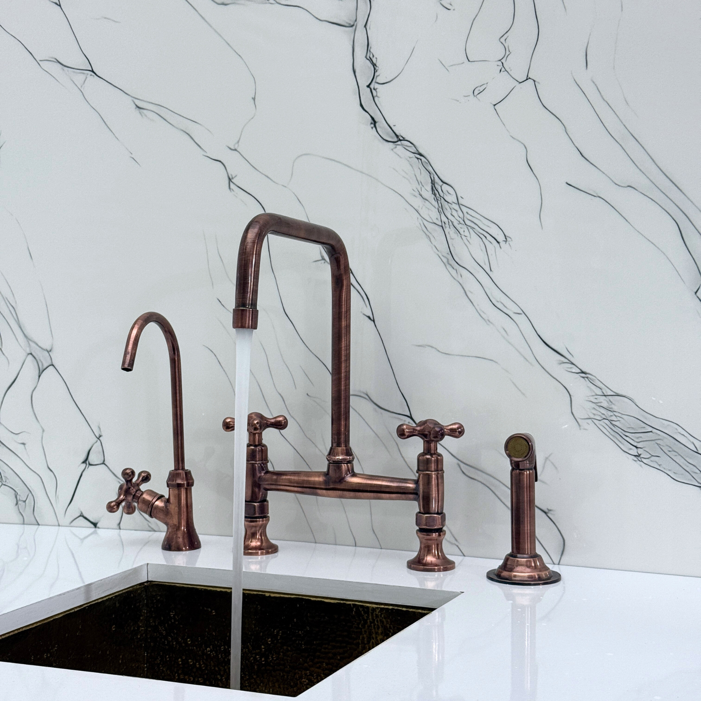 Antique Copper Classic Kitchen Bridge Faucet with Sprayer, Cold Water Faucet and Cross Handles
