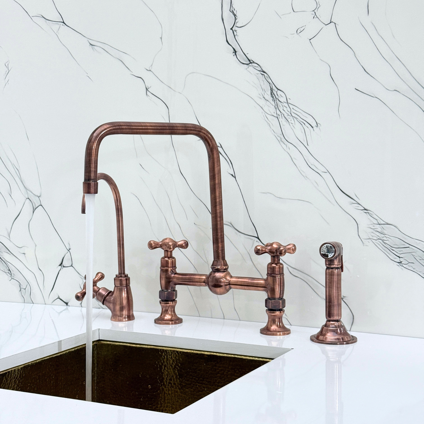 Antique Copper Classic Bridge Faucet with Ball Center, Sprayer, Cold Water Faucet and Cross Handles