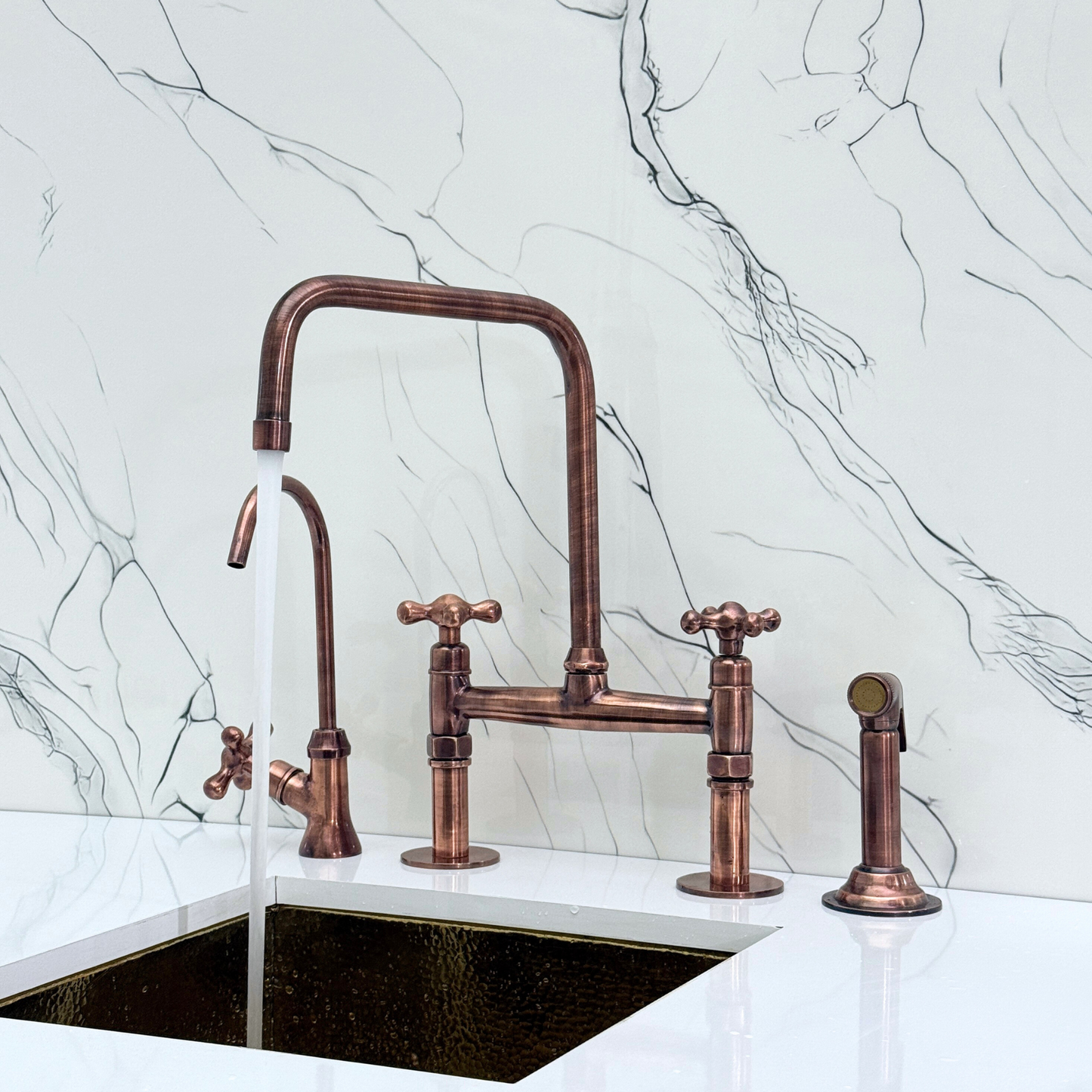 Antique Copper Classic Bridge Faucet with Sprayer, Cold Water Faucet and Cross Handles