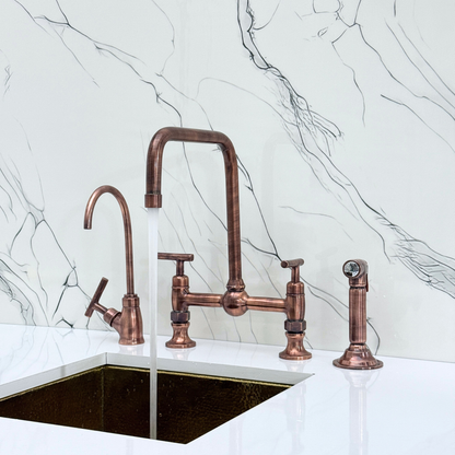 Antique Copper Classic Bridge Faucet with Ball Center, Sprayer, Cold Water Faucet and Lever Handles