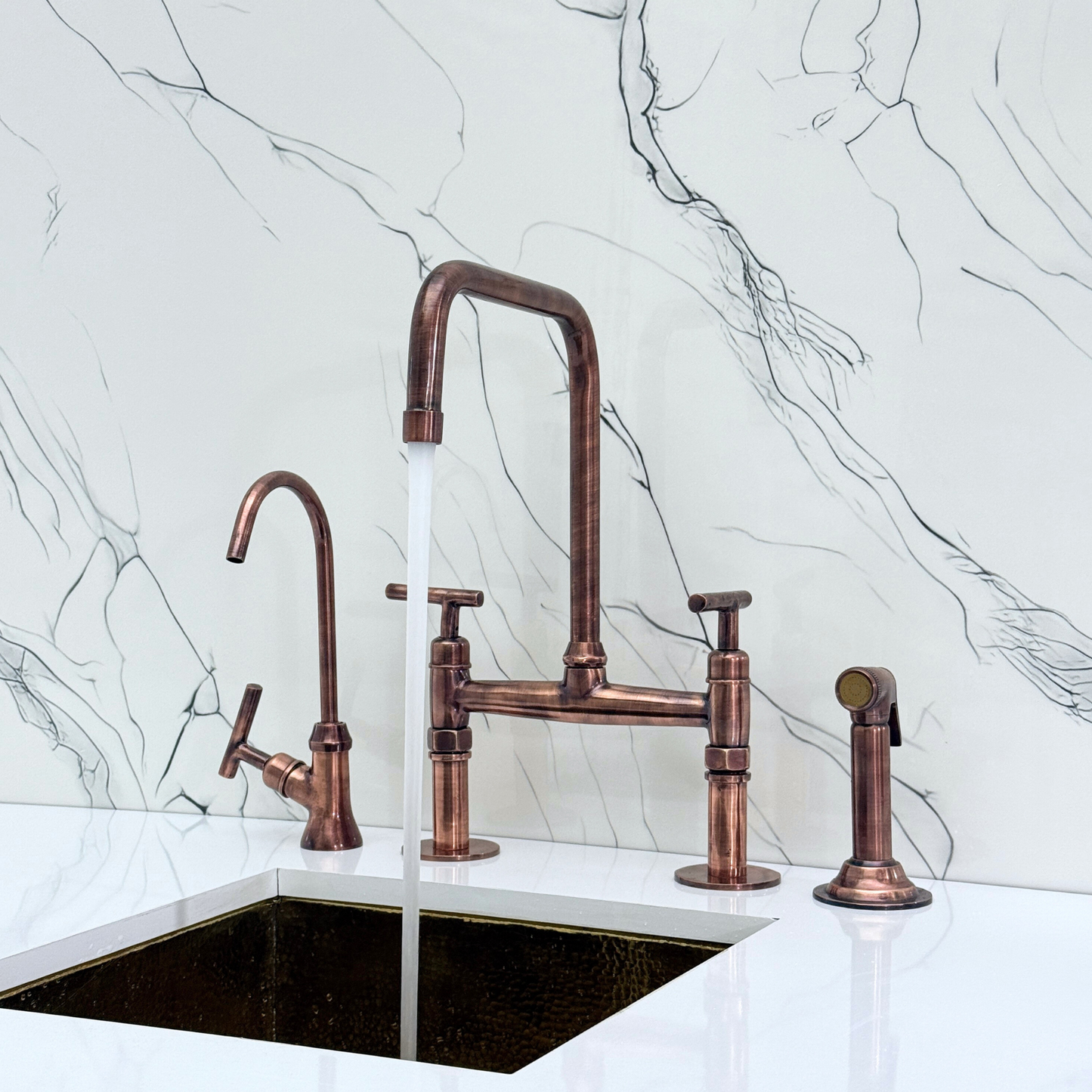 Antique Copper Classic Bridge Faucet with Sprayer, Cold Water Faucet and Lever Handles