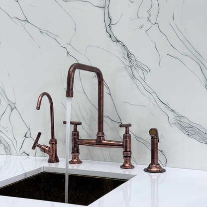 Antique Copper Classic Kitchen Bridge Faucet with Sprayer, Cold Water Faucet and Lever Handles