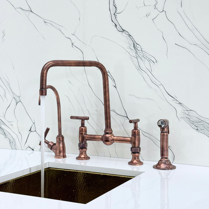 Antique Copper Classic Bridge Faucet with Ball Center, Sprayer, Cold Water Faucet and Lever Handles