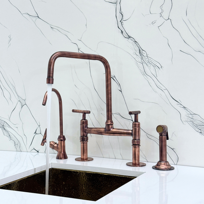 Antique Copper Classic Bridge Faucet with Sprayer, Cold Water Faucet and Lever Handles