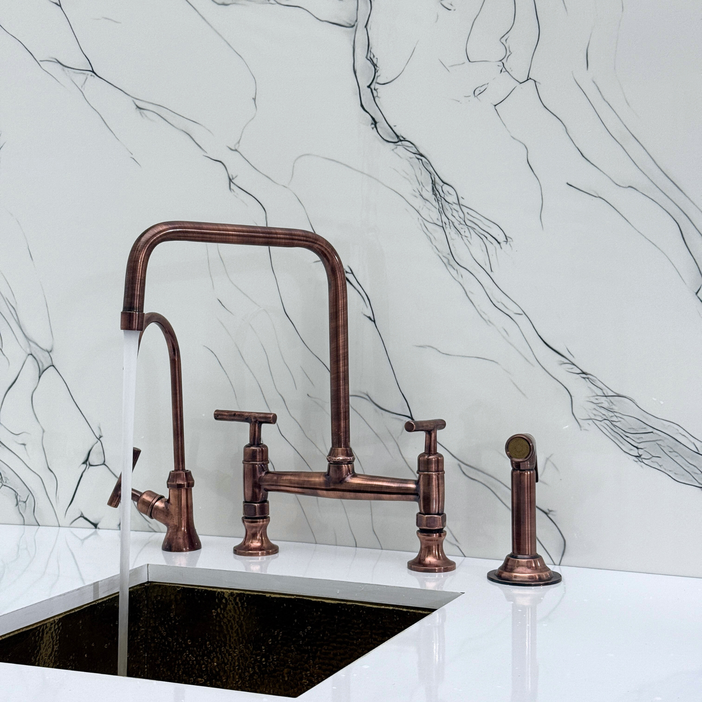 Antique Copper Classic Kitchen Bridge Faucet with Sprayer, Cold Water Faucet and Lever Handles