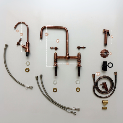 Antique Copper Classic Bridge Faucet with Ball Center, Sprayer, Cold Water Faucet and Lever Handles