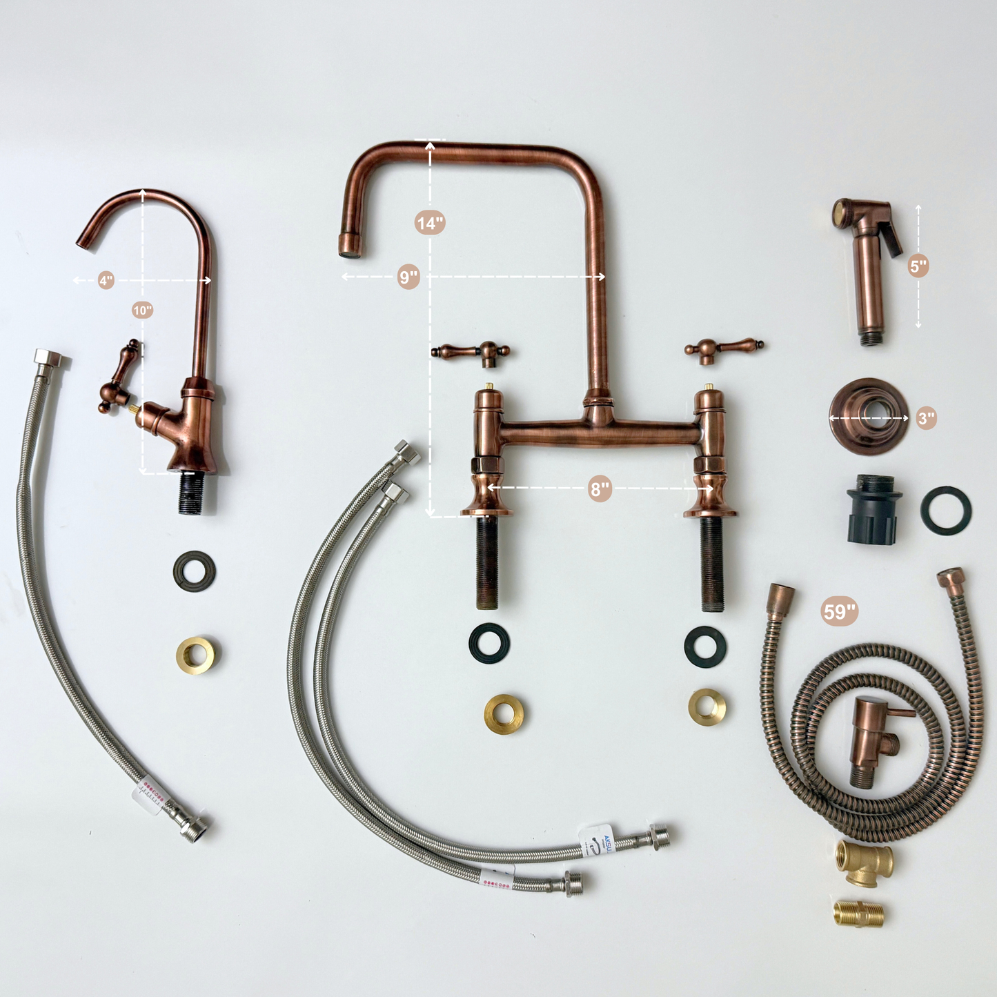 Antique Copper Classic Kitchen Bridge Faucet with Sprayer, Cold Water Faucet and Lever Handles