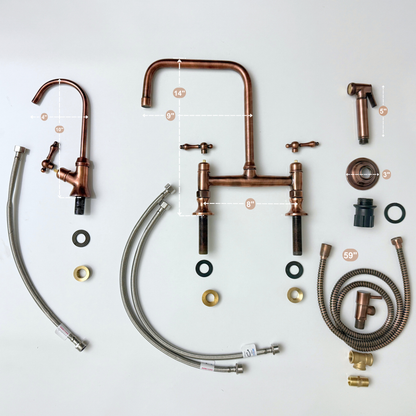 Antique Copper Classic Kitchen Bridge Faucet with Sprayer, Cold Water Faucet and Lever Handles