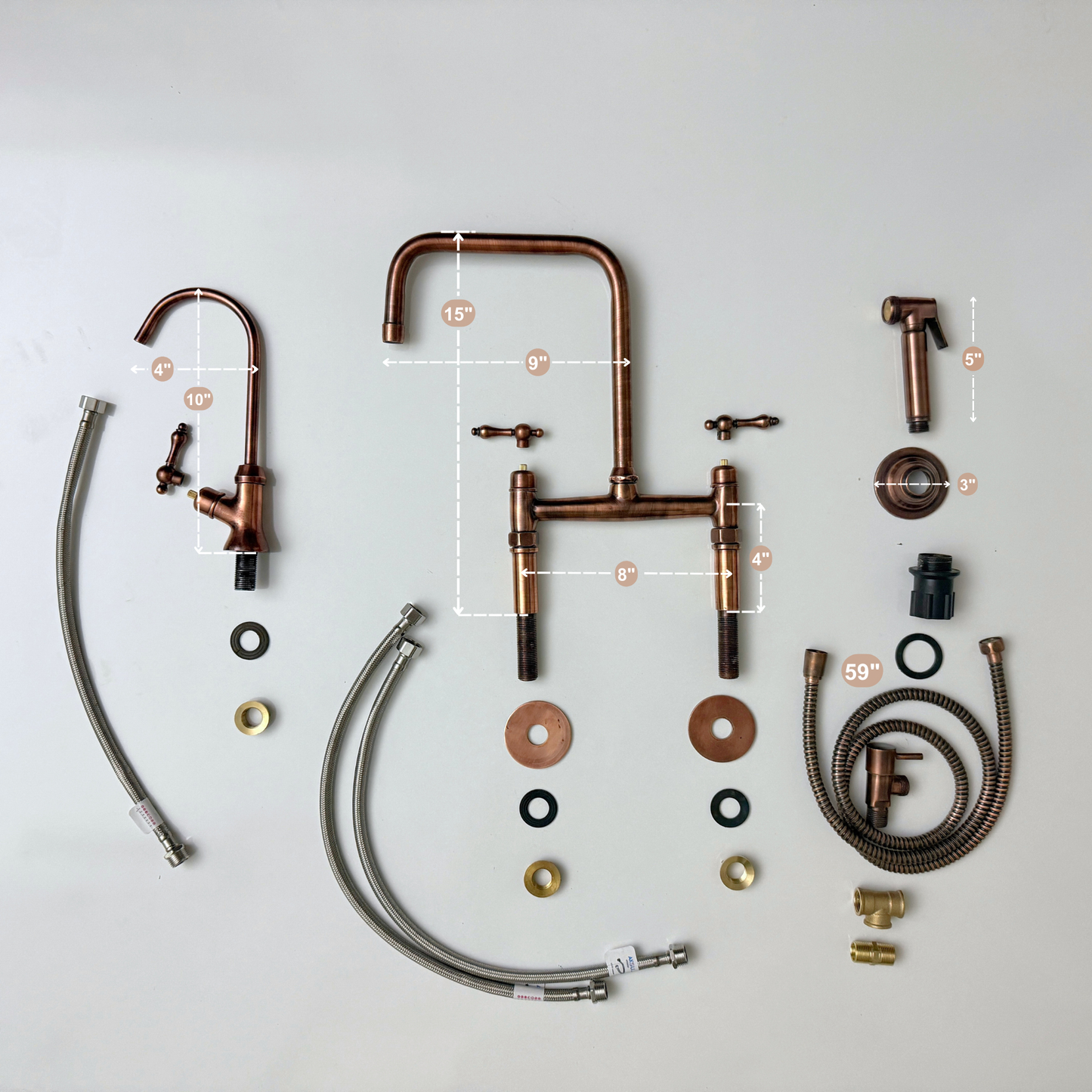 Antique Copper Classic Bridge Faucet with Sprayer, Cold Water Faucet and Lever Handles