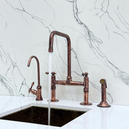 Antique Copper Classic Bridge Faucet with Sprayer, Cold Water Faucet and Lever Handles