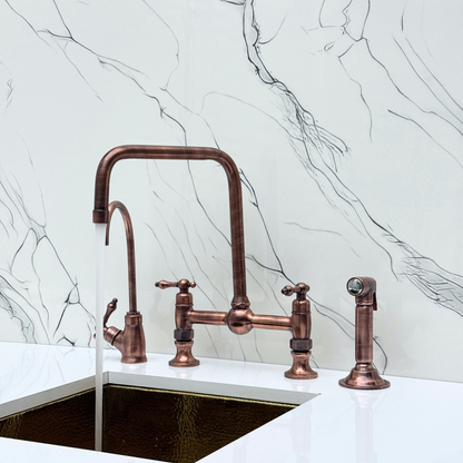 Antique Copper Classic Bridge Faucet with Ball Center, Sprayer, Cold Water Faucet and Lever Handles