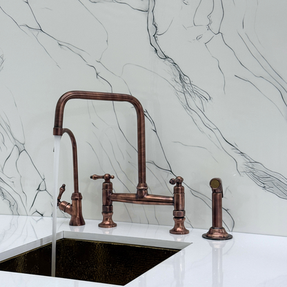 Antique Copper Classic Kitchen Bridge Faucet with Sprayer, Cold Water Faucet and Lever Handles