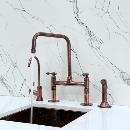 Antique Copper Classic Bridge Faucet with Sprayer, Cold Water Faucet and Lever Handles