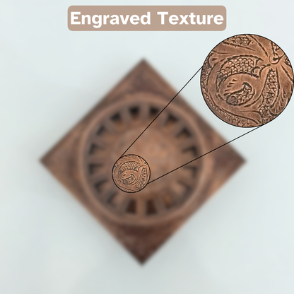 Antique Copper Engraved Shower Drain with Removable Cover, Solid Copper Square Shower Drain