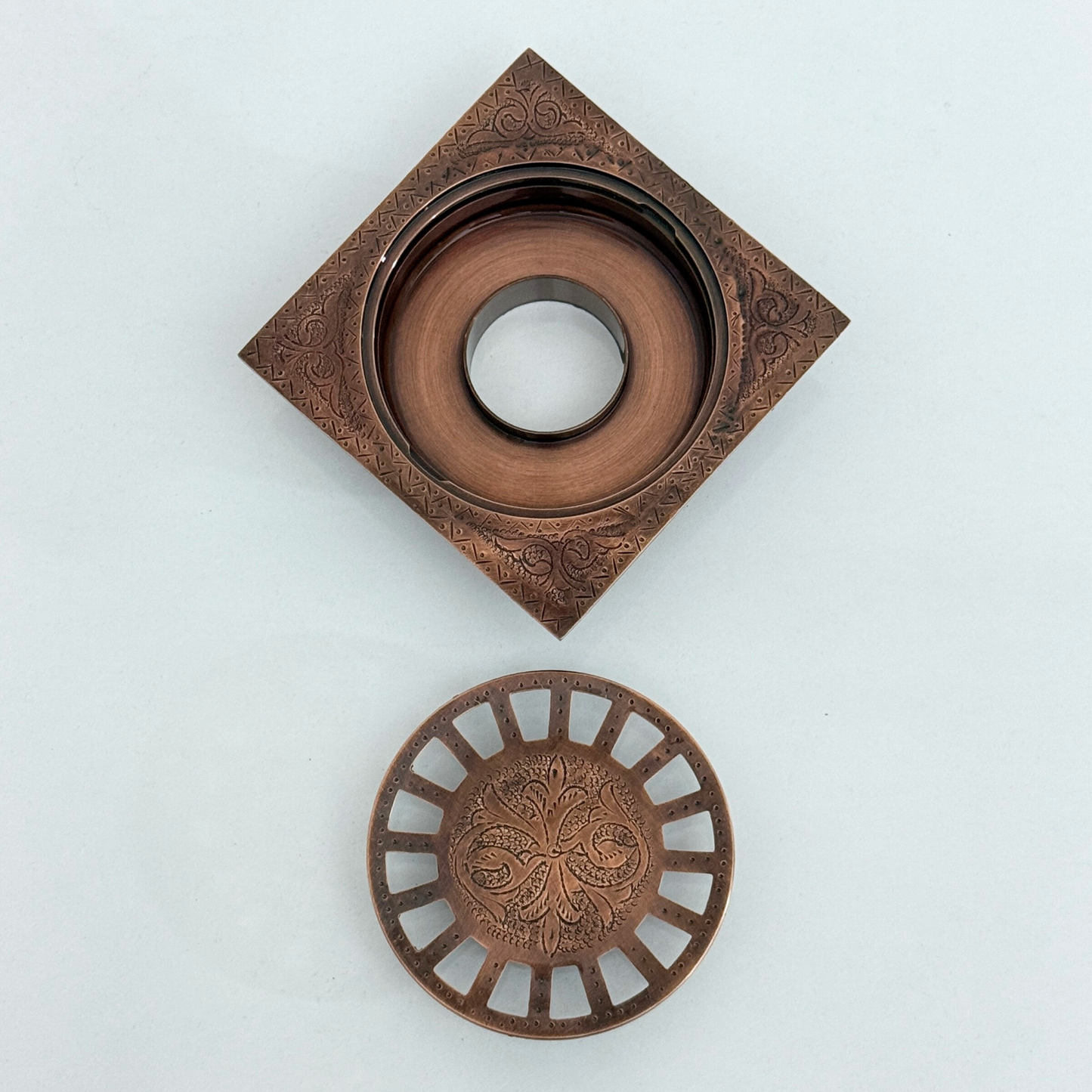 Antique Copper Engraved Shower Drain with Removable Cover, Solid Copper Square Shower Drain