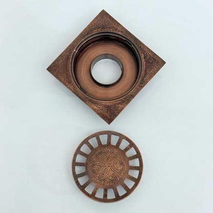 Antique Copper Engraved Shower Drain with Removable Cover, Solid Copper Square Shower Drain