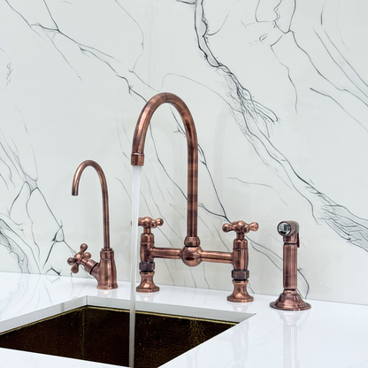 Antique Copper Bridge Kitchen Faucet with Sprayer, Cold Water Faucet and Cross Handles
