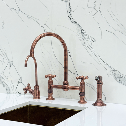 Antique Copper Bridge Kitchen Faucet with Sprayer, Cold Water Faucet and Cross Handles
