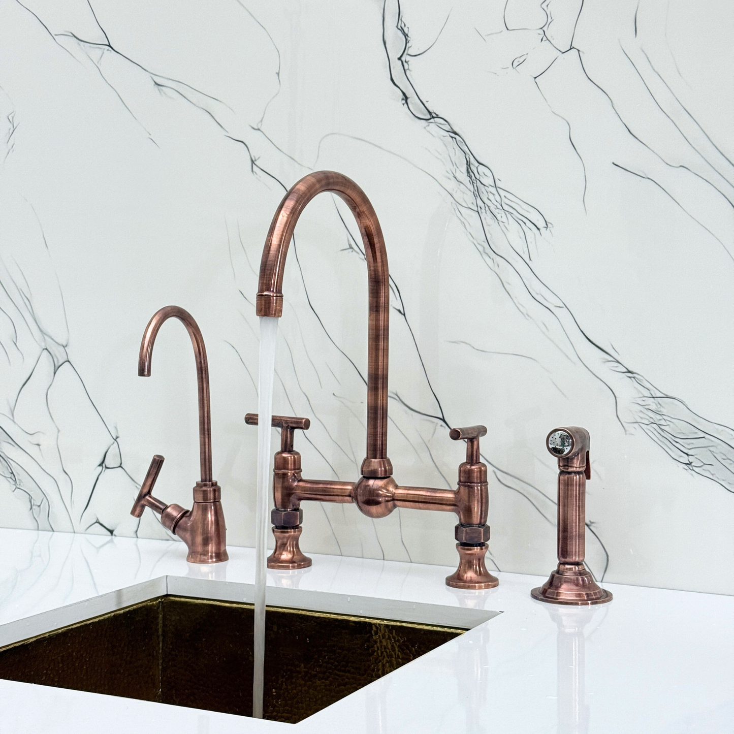 Antique Copper Bridge Kitchen Faucet with Sprayer, Cold Water Faucet and Lever Handles