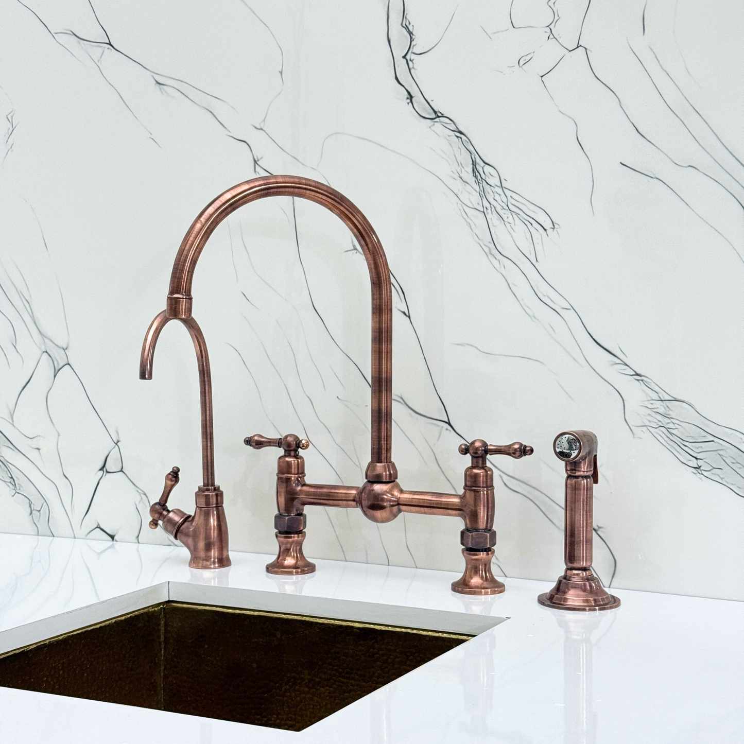 Antique Copper Bridge Kitchen Faucet with Sprayer, Cold Water Faucet and Lever Handles