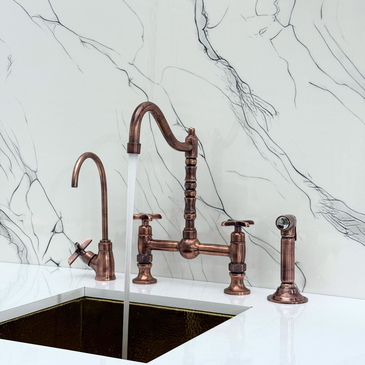 Antique Copper Victorian Bridge Faucet with Ball Center, Sprayer, Cold Water Faucet, and Cross Handles