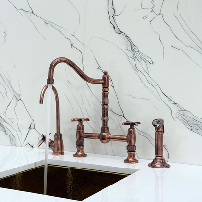 Antique Copper Victorian Bridge Faucet with Ball Center, Sprayer, Cold Water Faucet, and Cross Handles