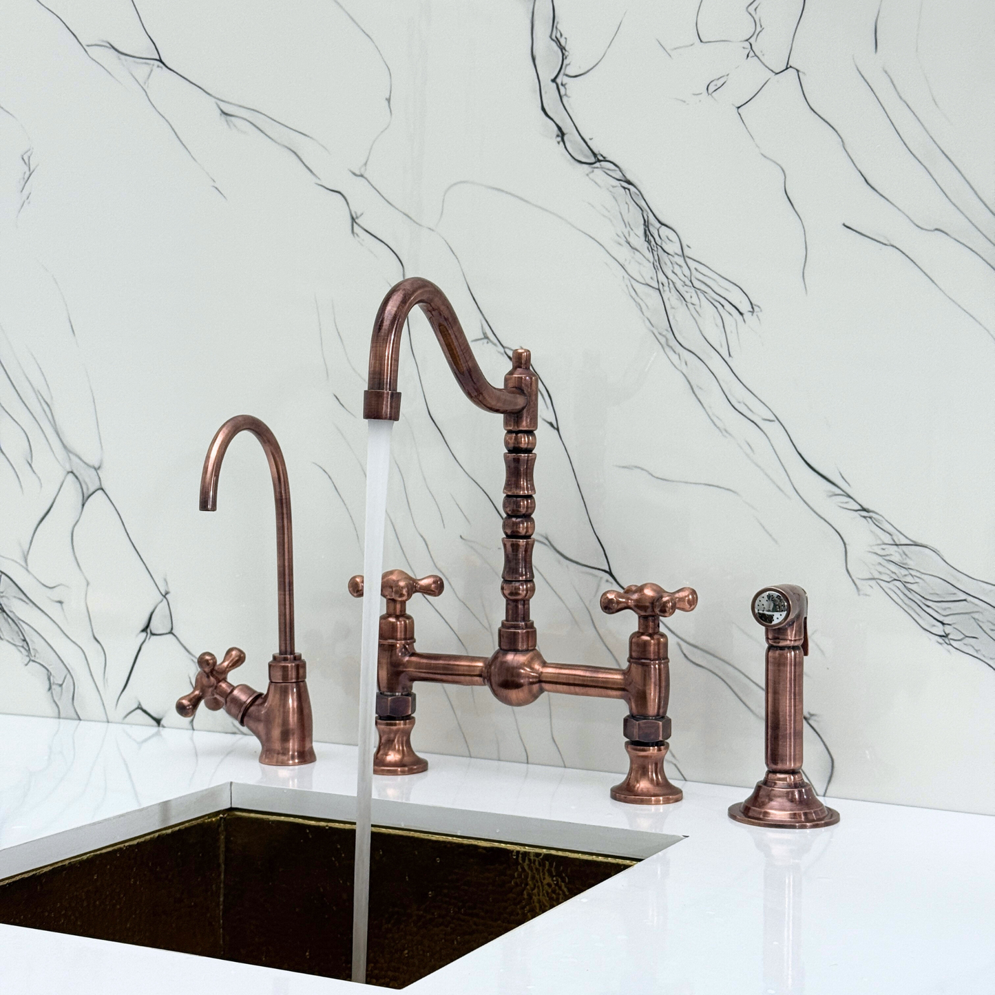 Antique Copper Victorian Bridge Faucet with Ball Center, Sprayer, Cold Water Faucet, and Cross Handles