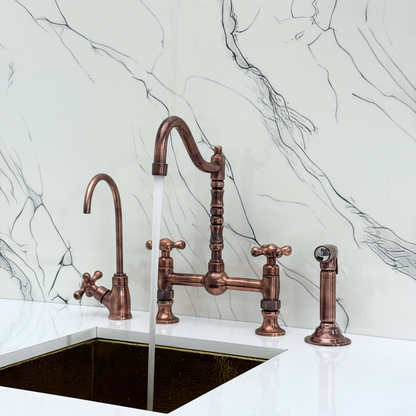 Antique Copper Victorian Bridge Faucet with Ball Center, Sprayer, Cold Water Faucet, and Cross Handles