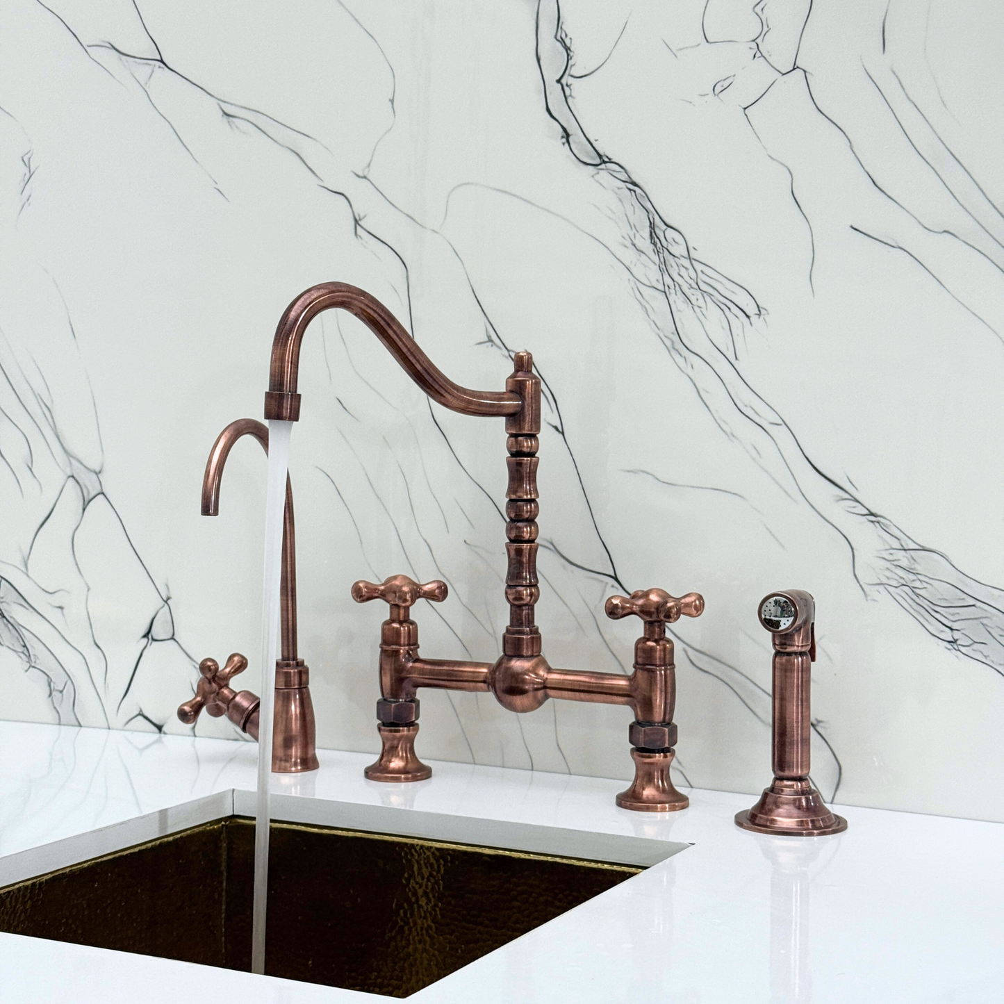 Antique Copper Victorian Bridge Faucet with Ball Center, Sprayer, Cold Water Faucet, and Cross Handles