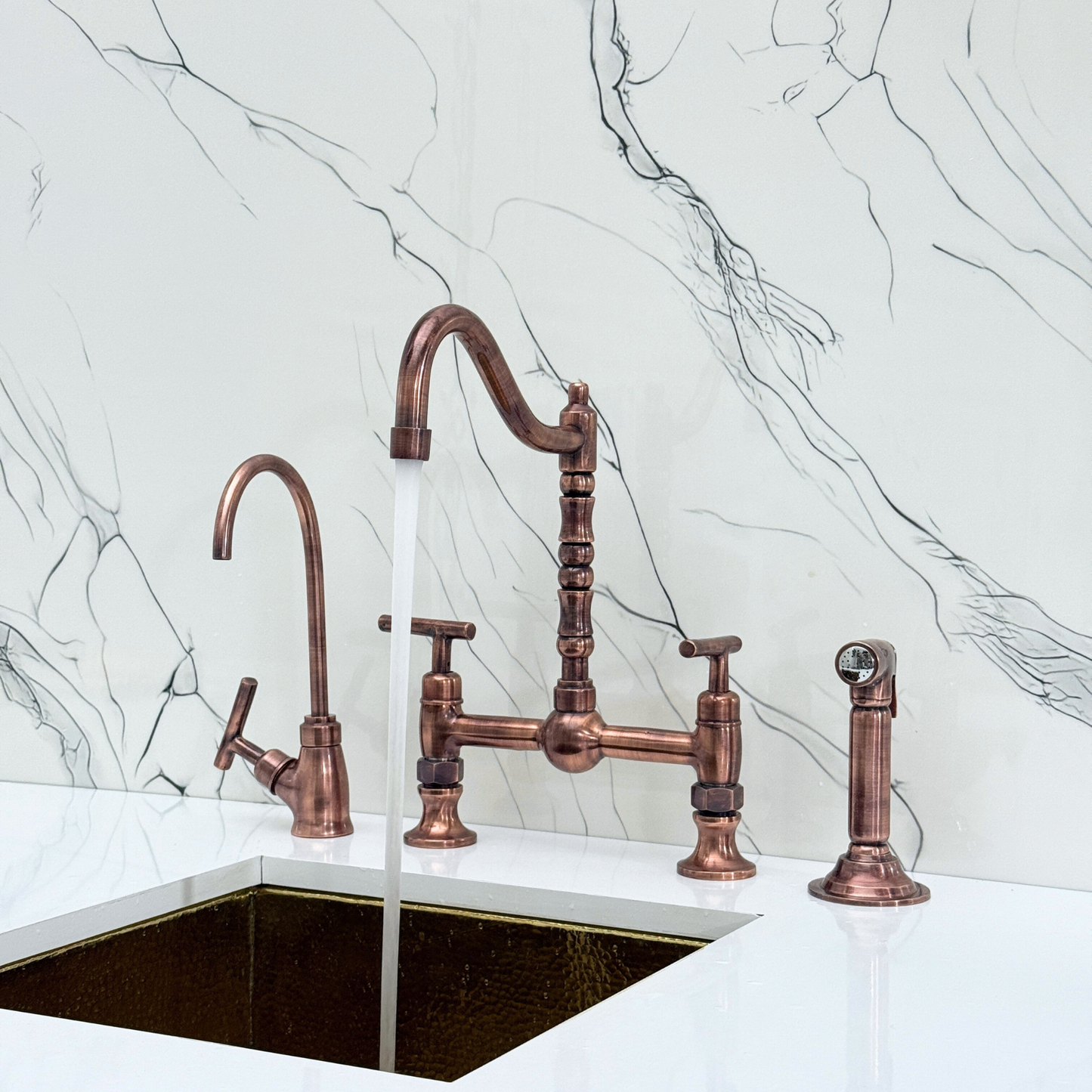 Antique Copper Victorian Bridge Faucet with Ball Center, Sprayer, Cold Water Faucet, and Lever Handles