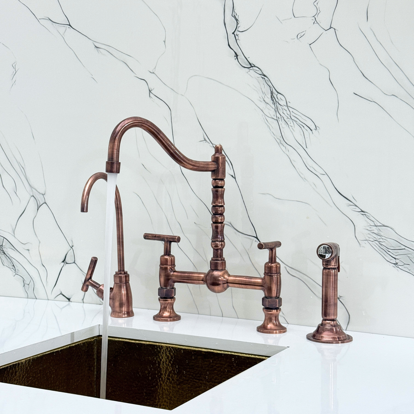 Antique Copper Victorian Bridge Faucet with Ball Center, Sprayer, Cold Water Faucet, and Lever Handles