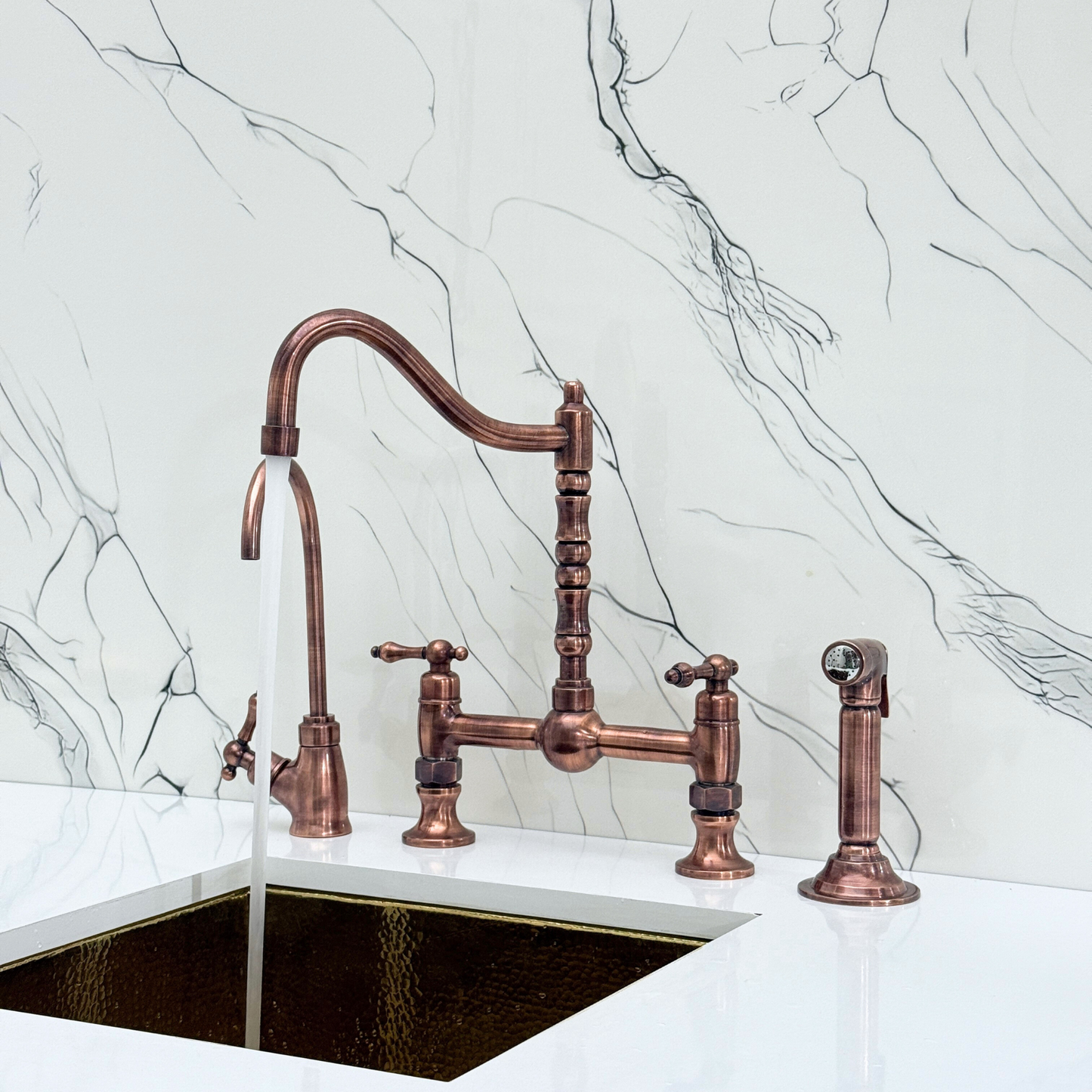 Antique Copper Victorian Bridge Faucet with Ball Center, Sprayer, Cold Water Faucet, and Lever Handles