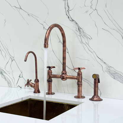 Antique Copper Kitchen Bridge Faucet with Ball Center, Sprayer, Cold Water Faucet, Straight Legs and Cross Handles