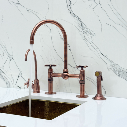 Antique Copper Kitchen Bridge Faucet with Ball Center, Sprayer, Cold Water Faucet, Straight Legs and Cross Handles