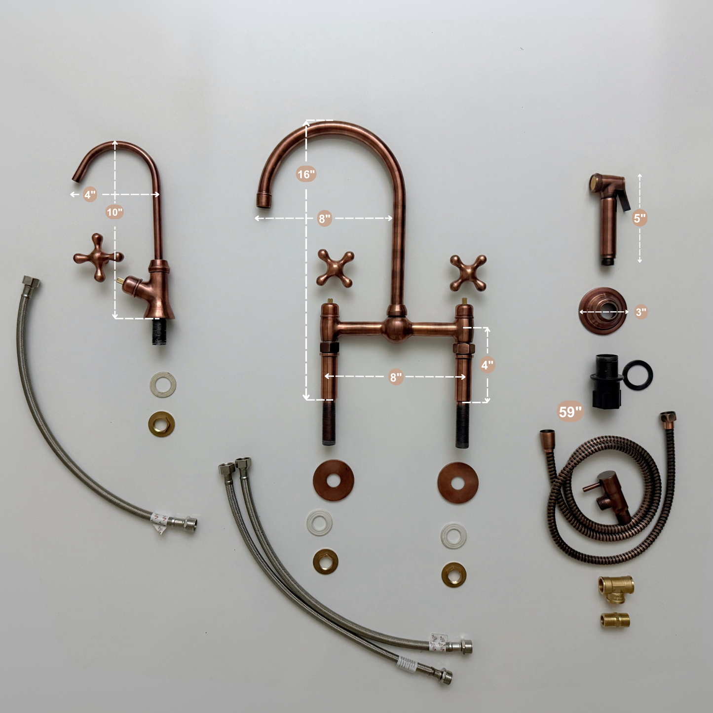 Antique Copper Kitchen Bridge Faucet with Ball Center, Sprayer, Cold Water Faucet, Straight Legs and Cross Handles