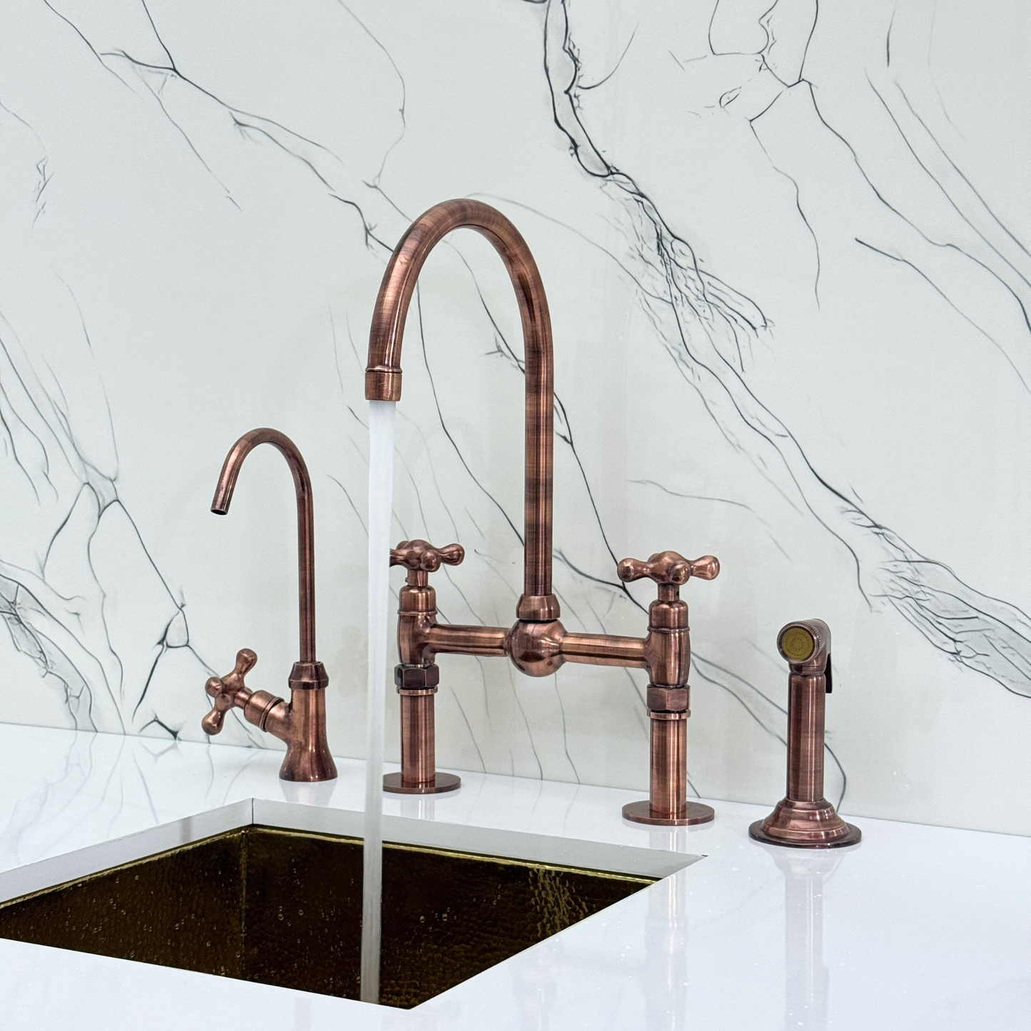 Antique Copper Kitchen Bridge Faucet with Ball Center, Sprayer, Cold Water Faucet, Straight Legs and Cross Handles
