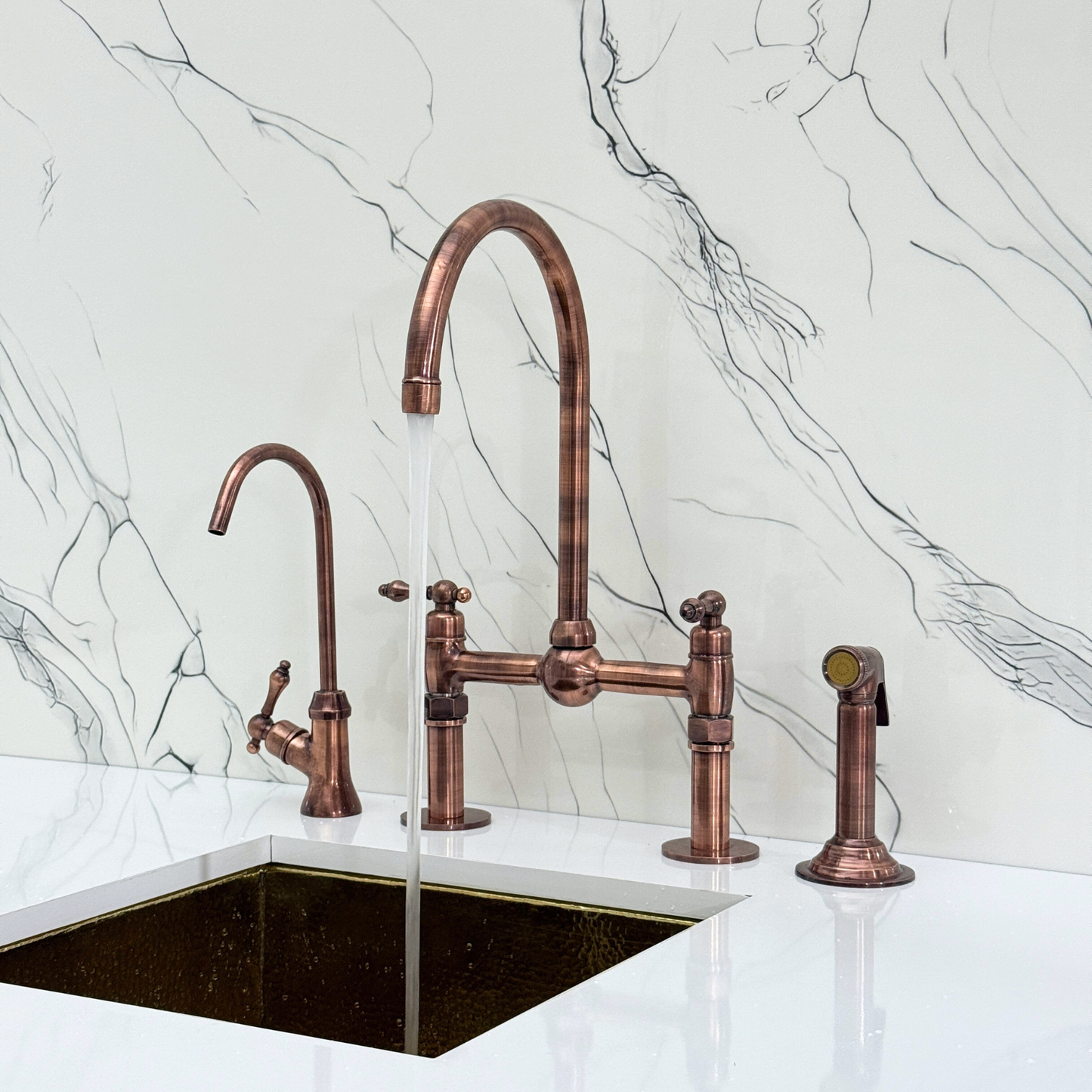 Antique Copper Kitchen Bridge Faucet with Ball Center, Sprayer, Cold Water Faucet, Straight Legs and Lever Handles