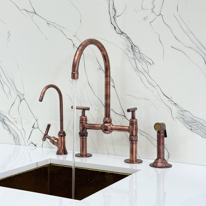 Antique Copper Kitchen Bridge Faucet with Ball Center, Sprayer, Cold Water Faucet, Straight Legs and Lever Handles