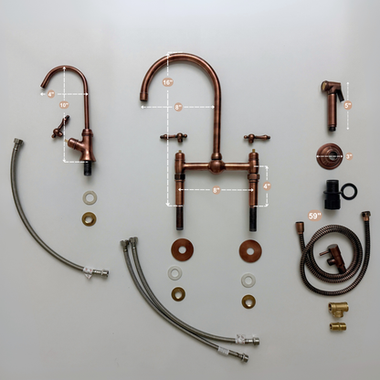 Antique Copper Kitchen Bridge Faucet with Ball Center, Sprayer, Cold Water Faucet, Straight Legs and Lever Handles