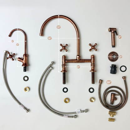 Antique Copper Bridge Kitchen Faucet with Sprayer, Drinking Water Tap and Cross Handles